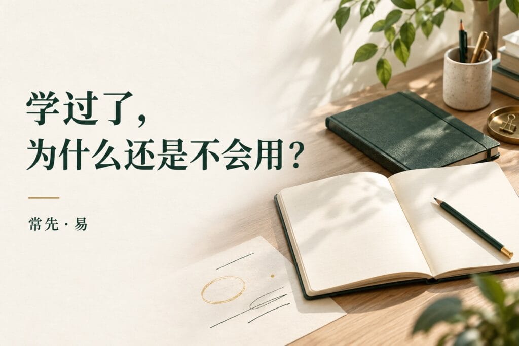 学过了，为什么还是不会用？米白书桌上的笔记本与铅笔，常先·易八字学习文章封面。