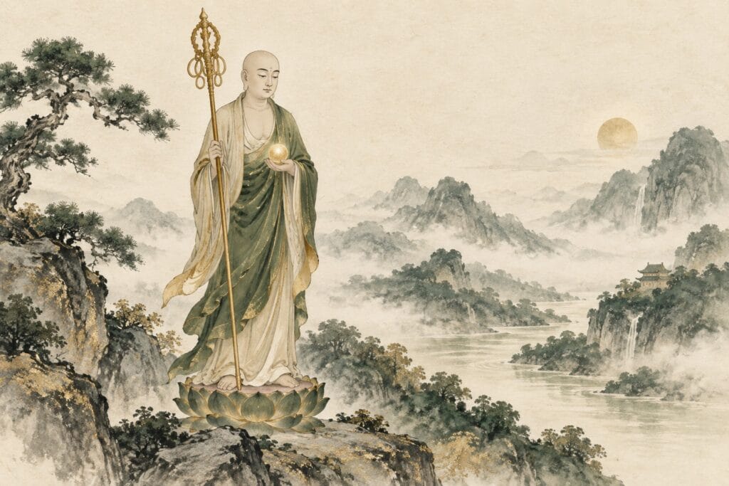 地藏菩萨持锡杖与宝珠，立于莲台，远处是淡墨山水；AI 辅助创作的主题插画