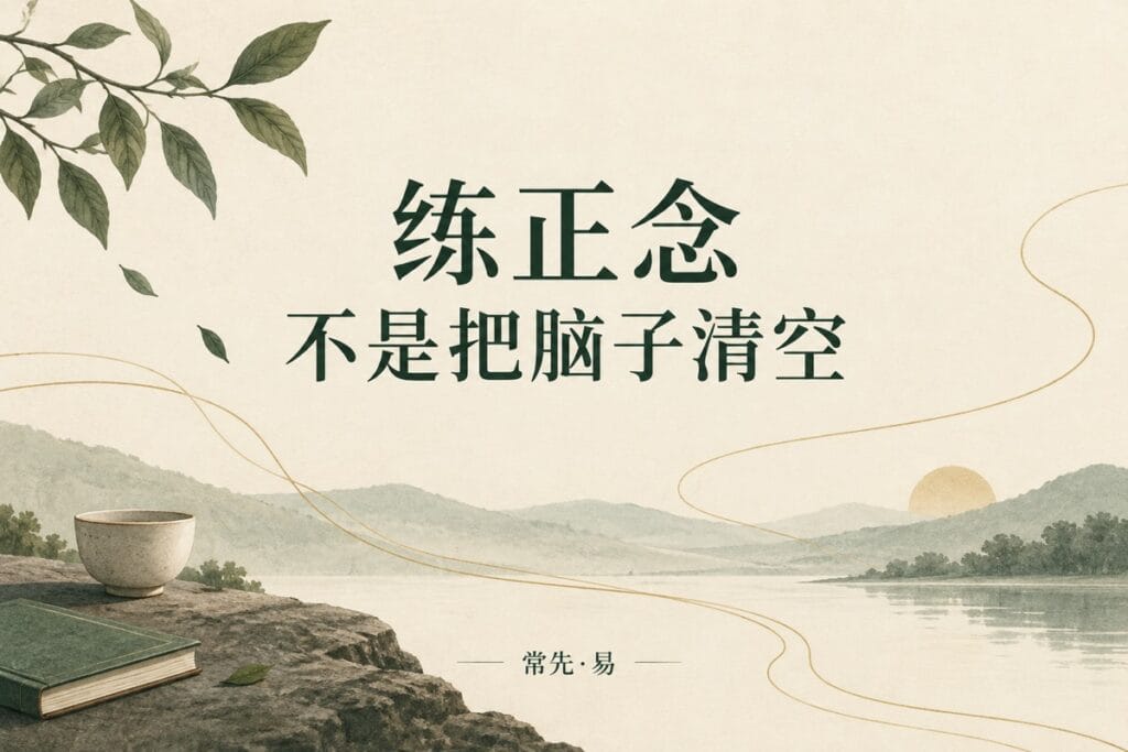 练正念，不是把脑子清空：米白底色上的绿叶、山水与金色曲线主题插画。