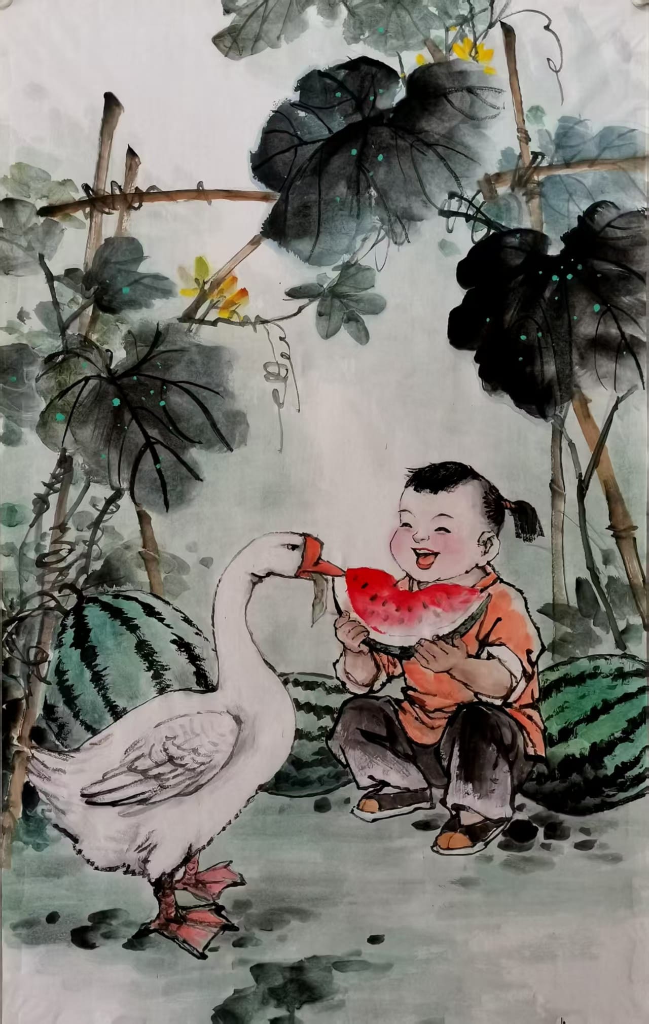 素涵作品：童趣 · 瓜棚与白鹅