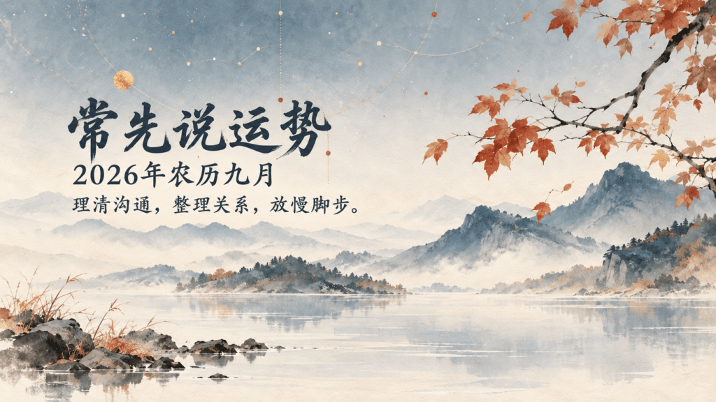 常先说运势，2026年农历九月。理清沟通，整理关系，放慢脚步。秋日水墨山湖、枫叶与金色星轨背景。