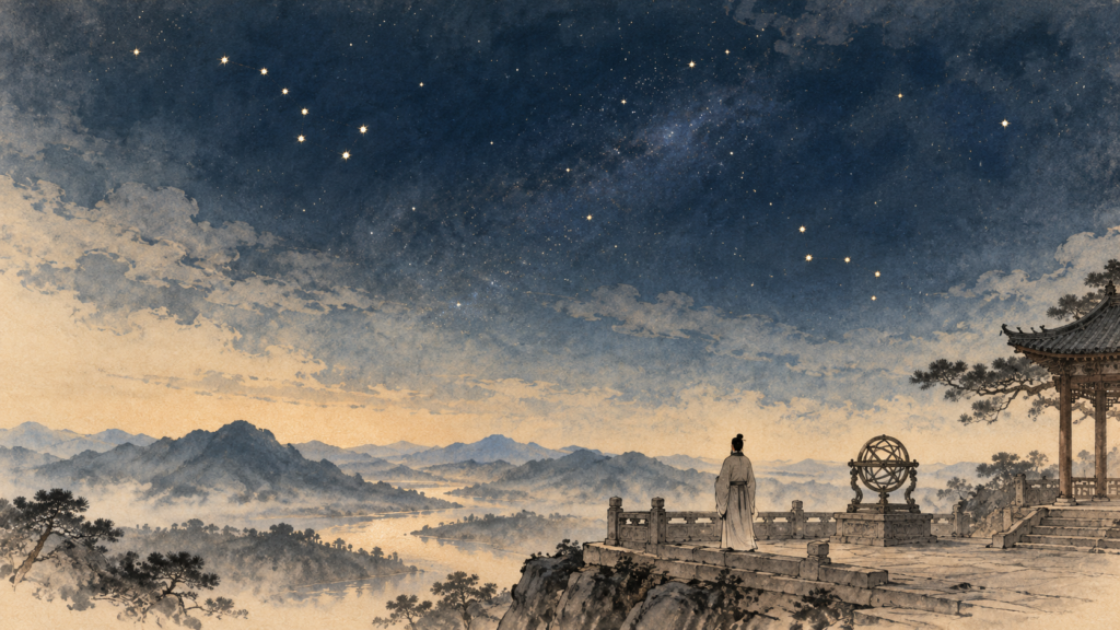 水墨山水与深蓝星空下，一位古代文人立于观星台，眺望星辰。
