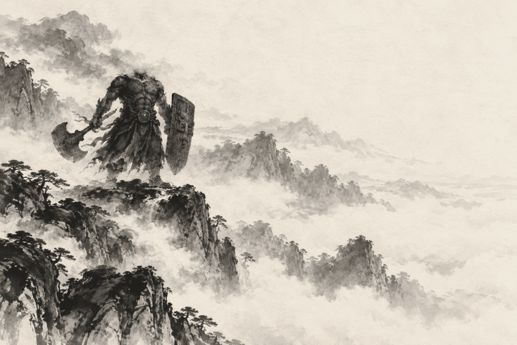 《山海经》刑天概念插画：无首巨人执盾斧，屹立于云雾环绕的山巅，水墨风格。